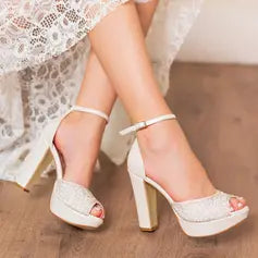 Women's Wedding Shoes Glitter High Heel Peep Toe Ankle Strap Sandals Wedding Sandals Bridal Shoes Rhinestone Elegant Wedding Party Buckle Shoes