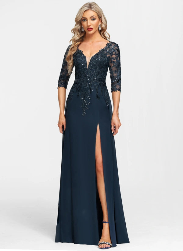 Sheath/Column V-Neck Floor-Length Chiffon Lace Mother of the Bride Dress With Sequins