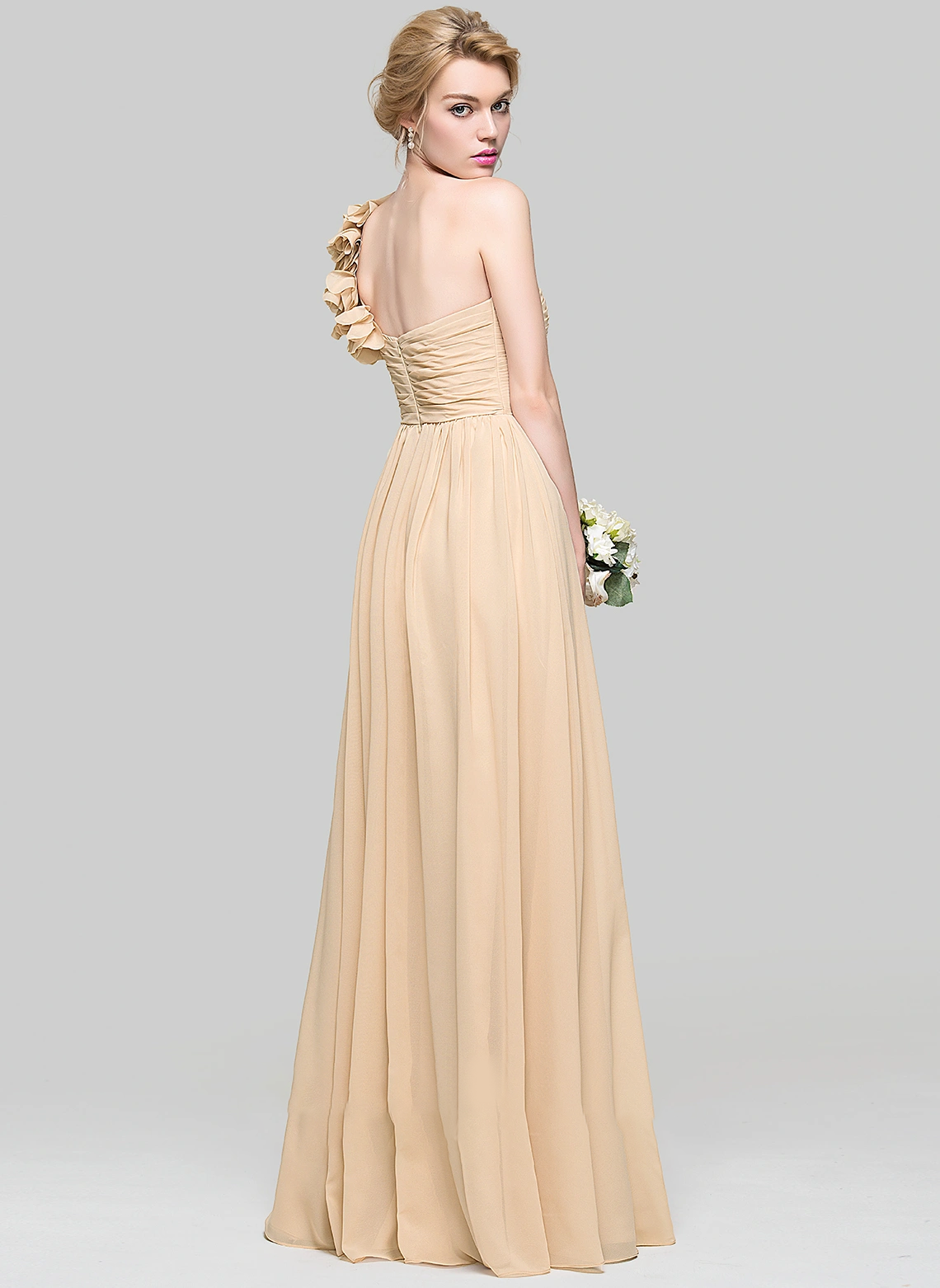 A-line One Shoulder Floor-Length Chiffon Chiffon Bridesmaid Dress With Flower Ruffle