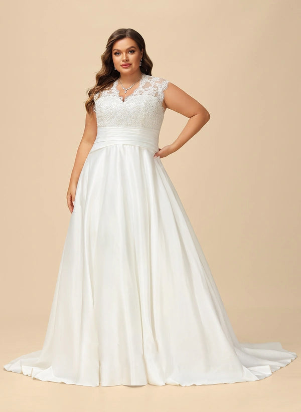 Ball-Gown/Princess V-Neck Court Train Lace Satin Wedding Dress With Ruffle