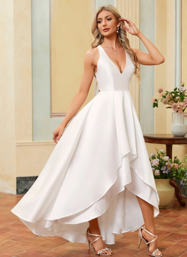 A-line V-Neck Asymmetrical Satin Wedding Dress
