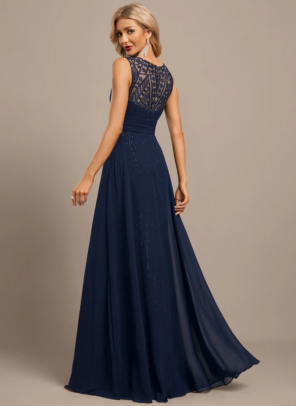 Trumpet/Mermaid V-Neck Floor-Length Chiffon Lace Sequin Evening Dress With Pleated