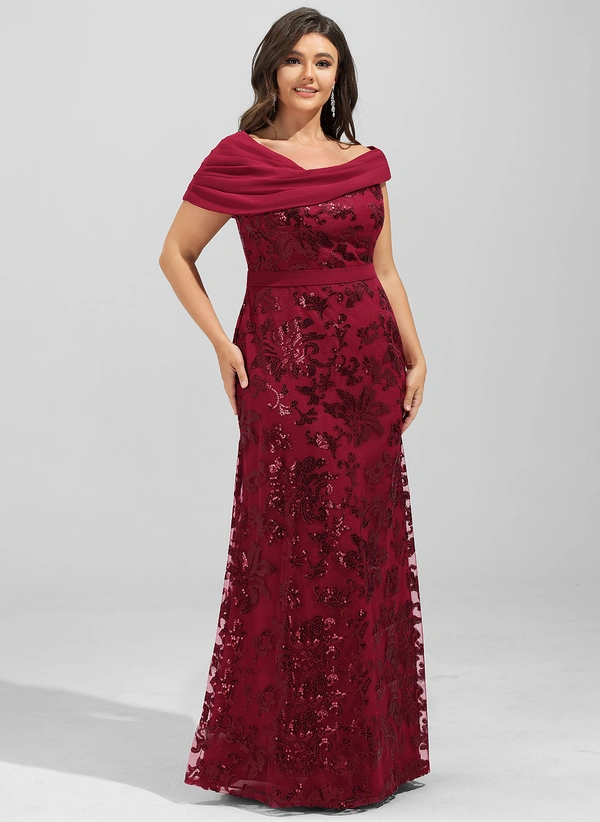 Sheath/Column Off the Shoulder Floor-Length Chiffon Sequin Evening Dress With Pleated