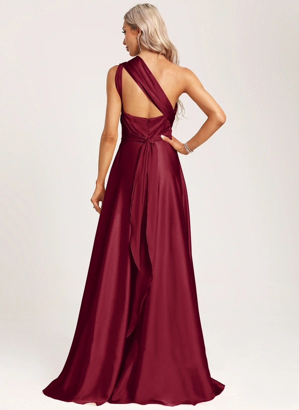 A-line Halter One Shoulder V-Neck Floor-Length Satin Bridesmaid Dress