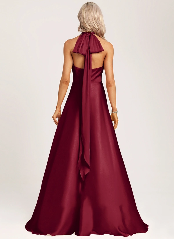 A-line Halter One Shoulder V-Neck Floor-Length Satin Bridesmaid Dress