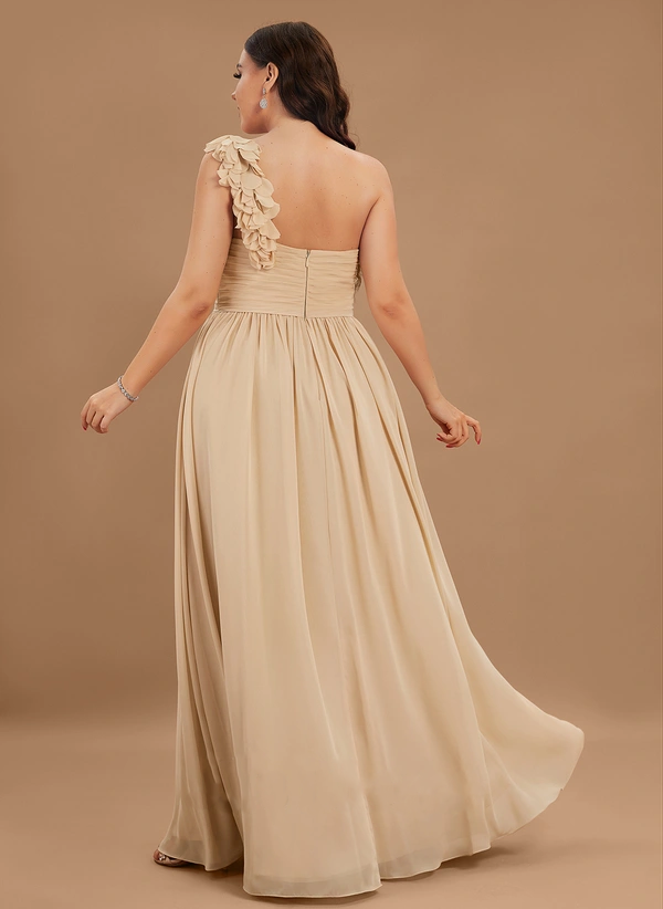 A-line One Shoulder Floor-Length Chiffon Chiffon Bridesmaid Dress With Flower Ruffle