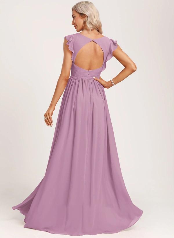 A-line V-Neck Floor-Length Chiffon Bridesmaid Dress With Ruffle
