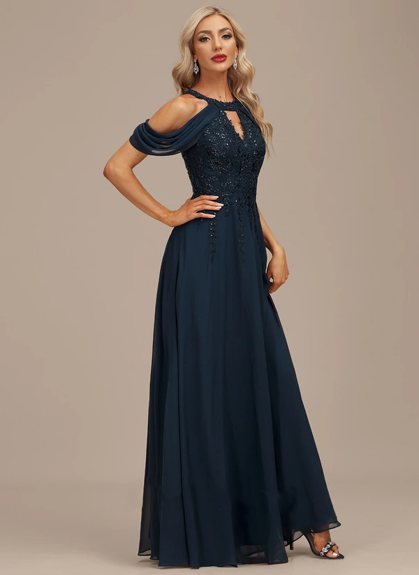 A-line Cold Shoulder Scoop Floor-Length Chiffon Lace Evening Dress With Sequins