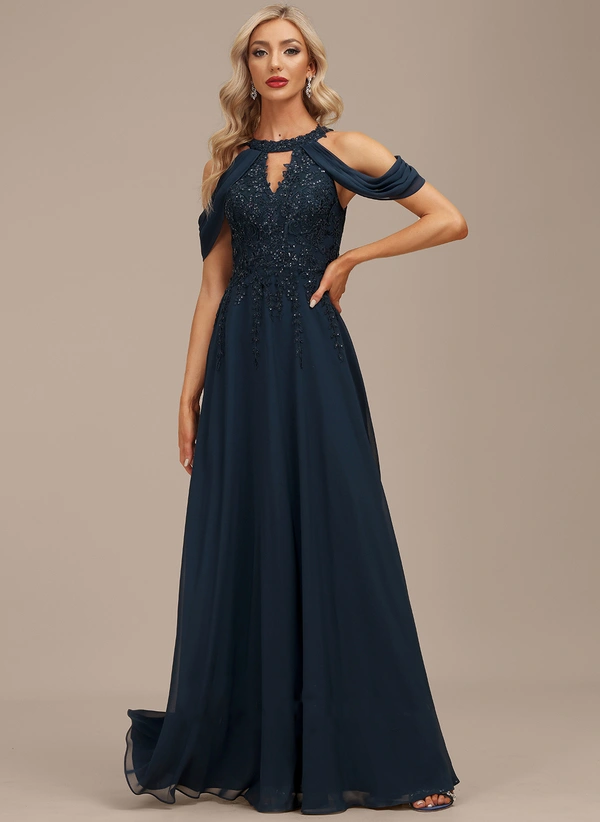 A-line Cold Shoulder Scoop Floor-Length Chiffon Lace Evening Dress With Sequins