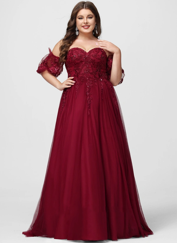 Ball-Gown/Princess Sweetheart Sweep Train Tulle Prom Dresses With Sequins