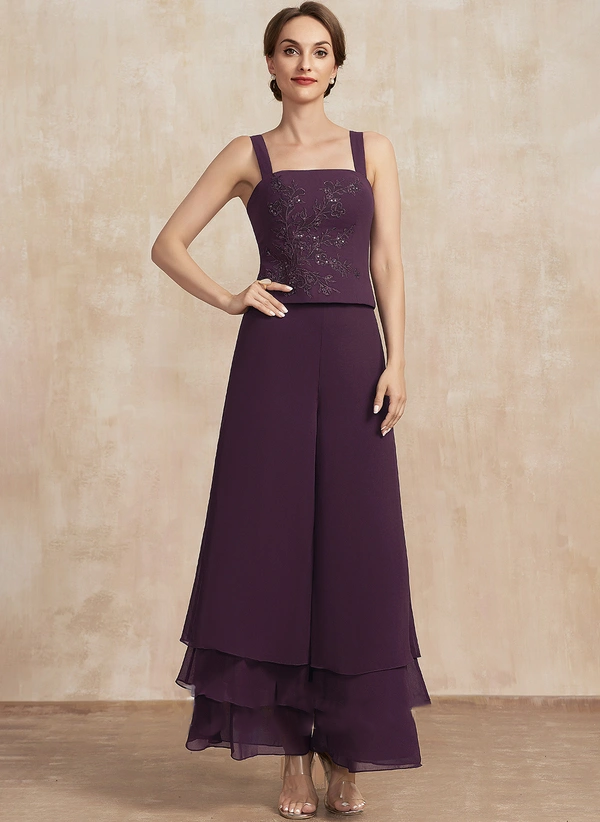 Jumpsuit/Pantsuit Separates Square Ankle-Length Chiffon Lace Mother of the Bride Dress With Sequins