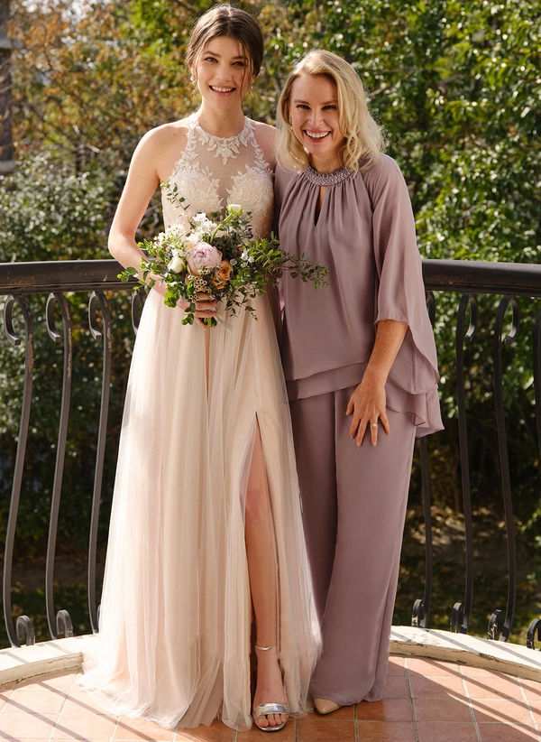 Jumpsuit/Pantsuit Separates Scoop Floor-Length Chiffon Mother of the Bride Dress With Beading Pleated Sequins