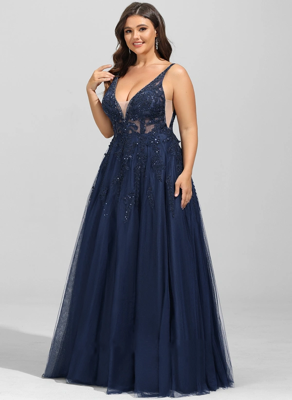 A-line V-Neck Floor-Length Lace Tulle Evening Dress With Beading Sequins