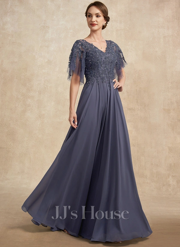 A-line V-Neck Floor-Length Chiffon Lace Mother of the Bride Dress With Beading Sequins