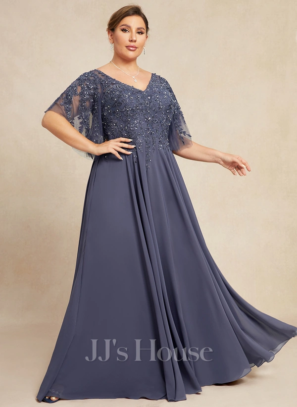 A-line V-Neck Floor-Length Chiffon Lace Mother of the Bride Dress With Beading Sequins