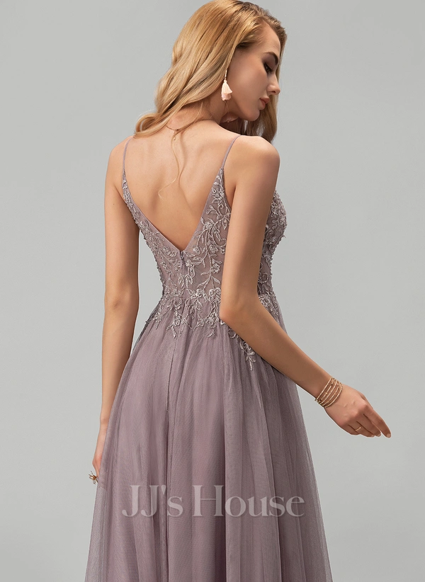 A-line V-Neck Floor-Length Lace Tulle Prom Dresses With Beading Sequins
