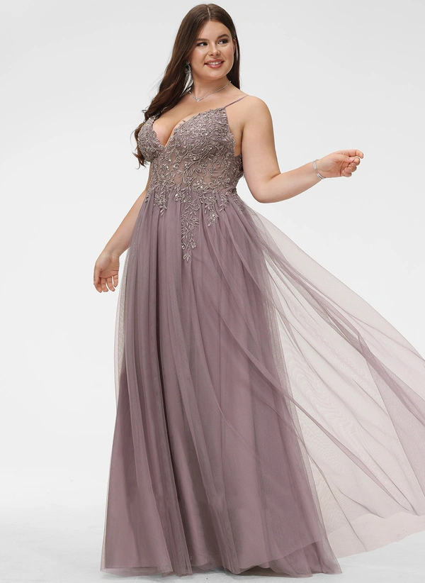 A-line V-Neck Floor-Length Lace Tulle Prom Dresses With Beading Sequins