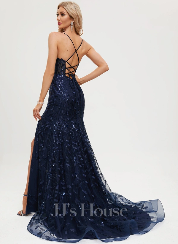 Trumpet/Mermaid V-Neck Sweep Train Lace Prom Dresses With Sequins
