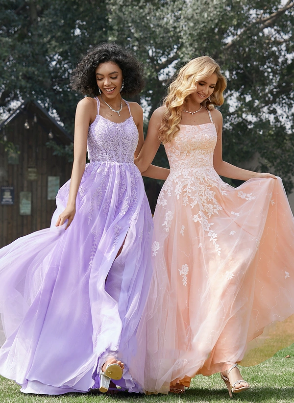 Ball-Gown/Princess Scoop Sweep Train Lace Tulle Prom Dresses With Sequins