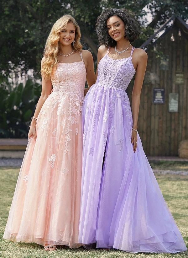 Ball-Gown/Princess Scoop Sweep Train Lace Tulle Prom Dresses With Sequins