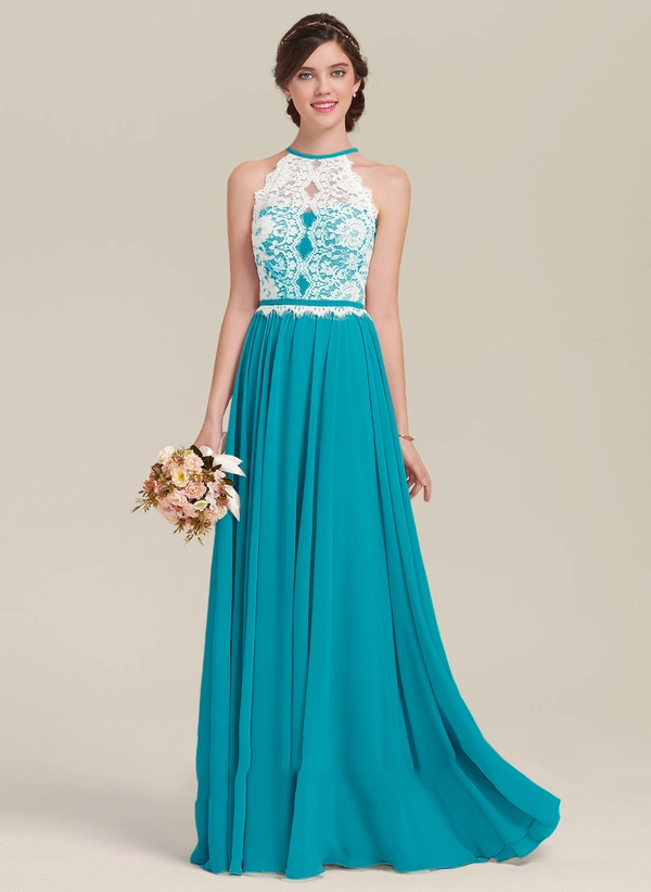 A-line Scoop Floor-Length Chiffon Lace Bridesmaid Dress