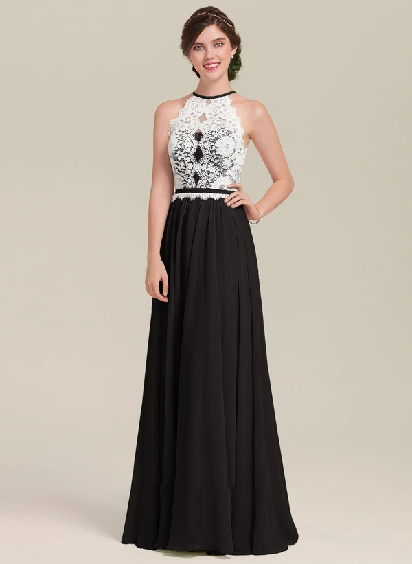 A-line Scoop Floor-Length Chiffon Lace Bridesmaid Dress