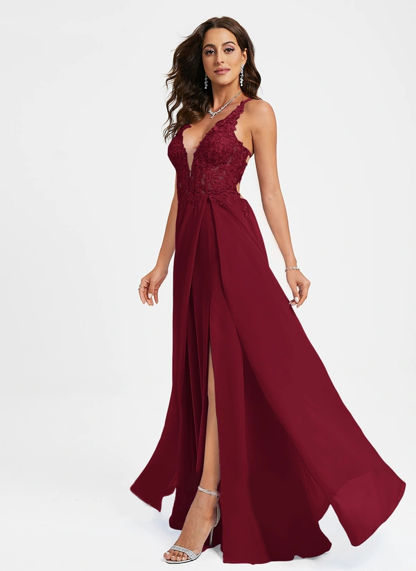 A-line V-Neck Floor-Length Chiffon Lace Prom Dresses
