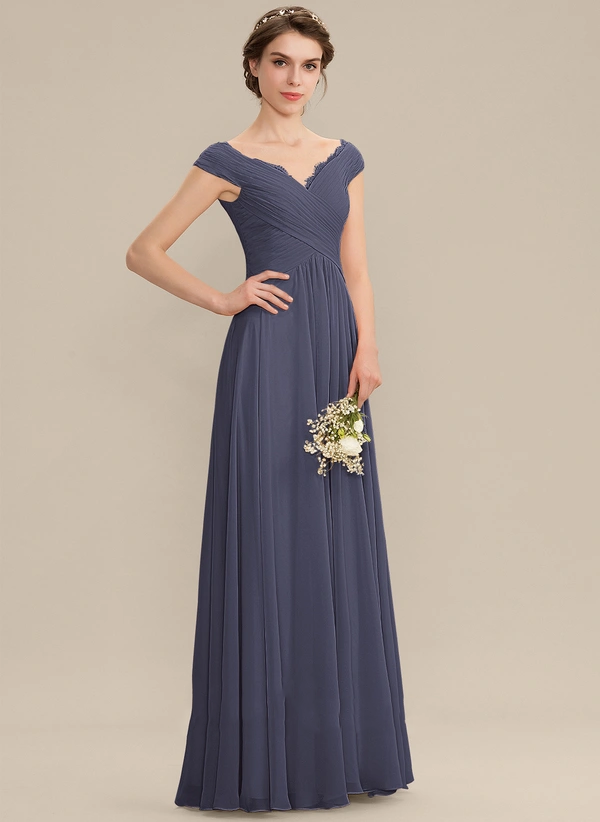 A-line Off the Shoulder Floor-Length Chiffon Bridesmaid Dress With Ruffle