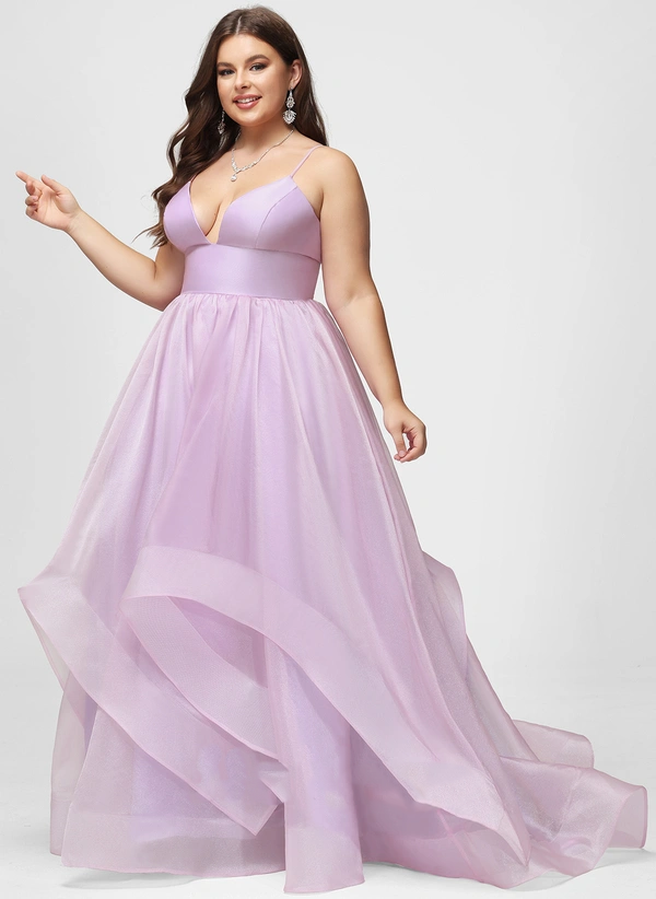 Ball-Gown/Princess V-Neck Sweep Train Organza Prom Dresses