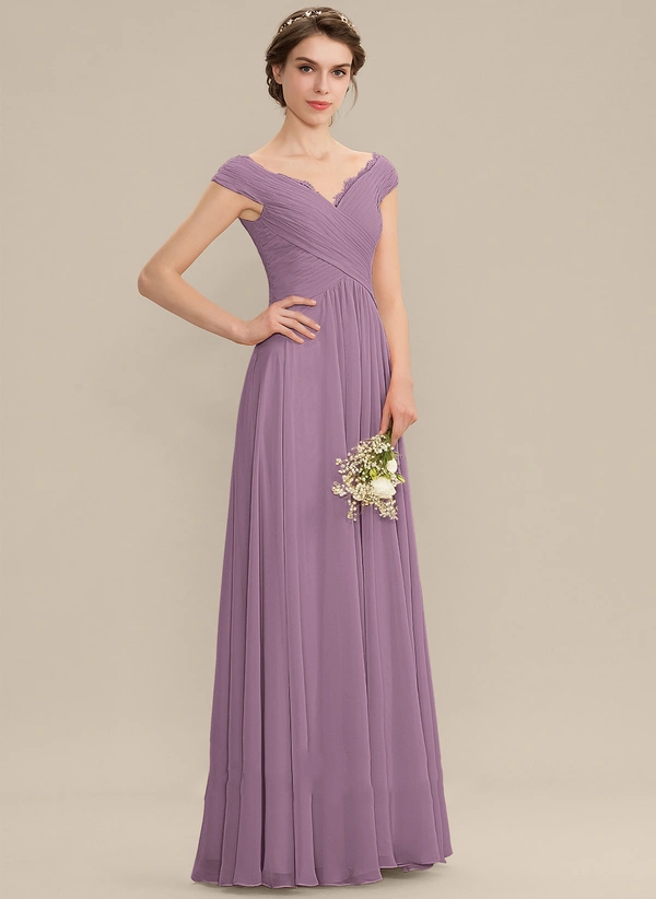 A-line Off the Shoulder Floor-Length Chiffon Bridesmaid Dress With Ruffle