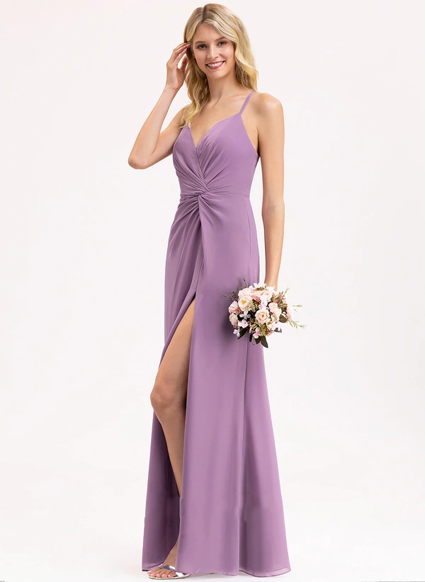 A-line V-Neck Floor-Length Chiffon Bridesmaid Dress With Ruffle