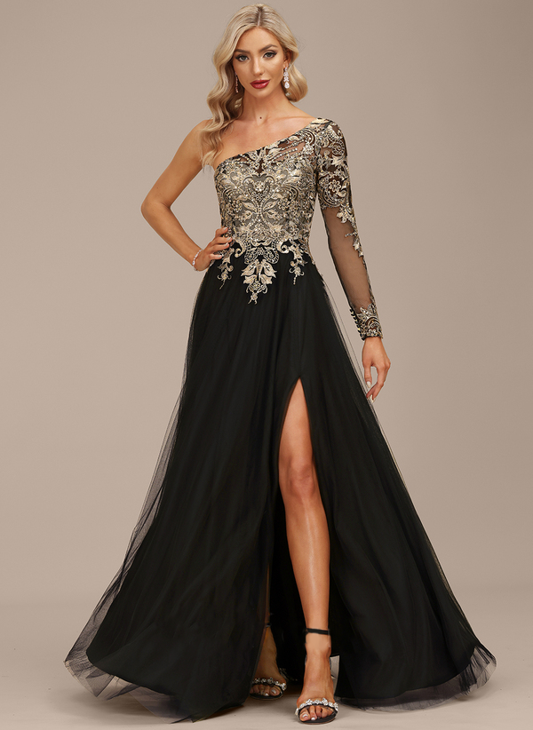 A-line One Shoulder Floor-Length Lace Tulle Evening Dress With Sequins