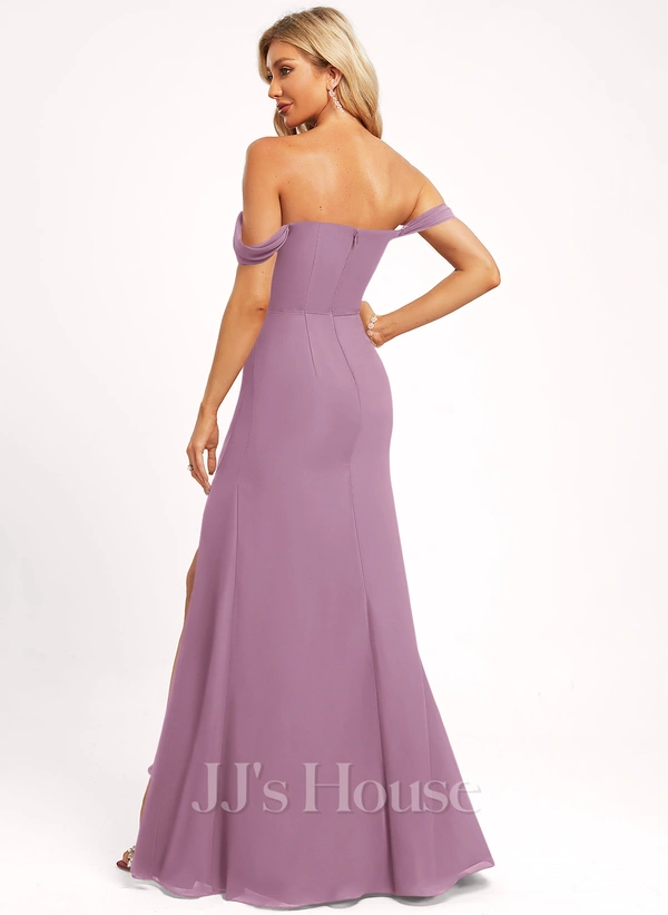 A-line Off the Shoulder Floor-Length Chiffon Bridesmaid Dress