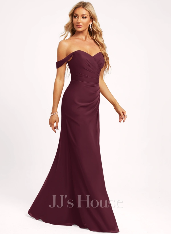 A-line Off the Shoulder Floor-Length Chiffon Bridesmaid Dress