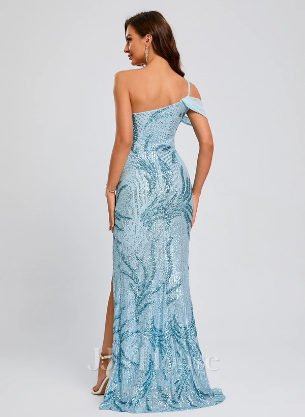 Sheath/Column One Shoulder Floor-Length Sequin Prom Dresses With Sequins