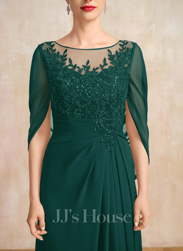 A-line Scoop Illusion Floor-Length Chiffon Lace Mother of the Bride Dress With Pleated Sequins