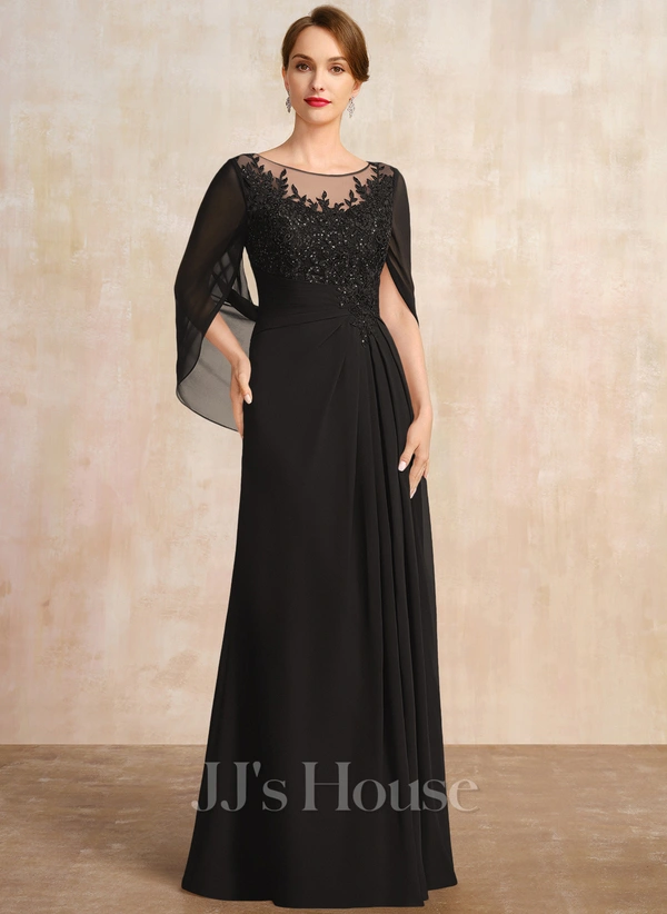 A-line Scoop Illusion Floor-Length Chiffon Lace Mother of the Bride Dress With Pleated Sequins