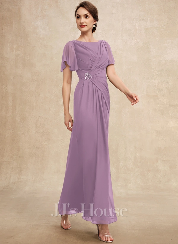 A-line Scoop Ankle-Length Chiffon Mother of the Bride Dress With Beading Pleated