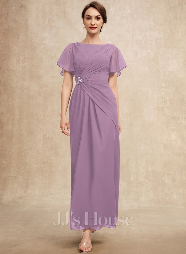 A-line Scoop Ankle-Length Chiffon Mother of the Bride Dress With Beading Pleated