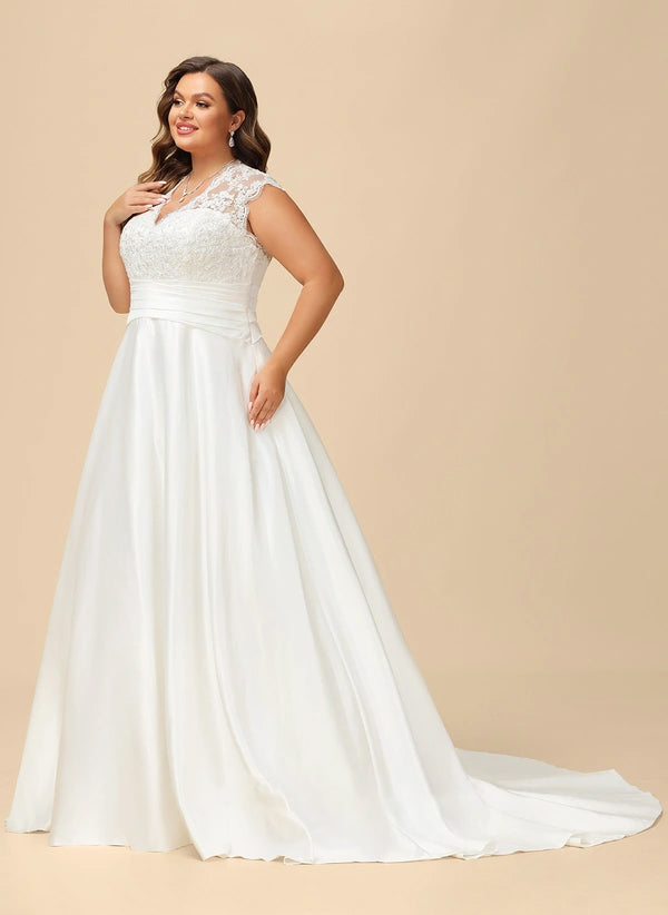 Ball-Gown/Princess V-Neck Court Train Lace Satin Wedding Dress With Ruffle