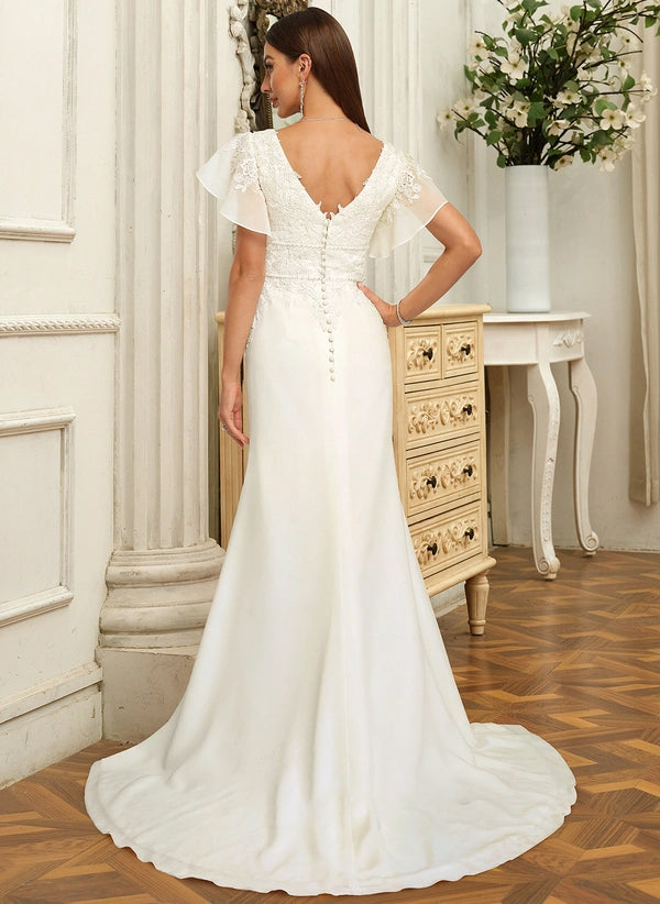Trumpet/Mermaid V-Neck Court Train Chiffon Lace Wedding Dress With Sequins