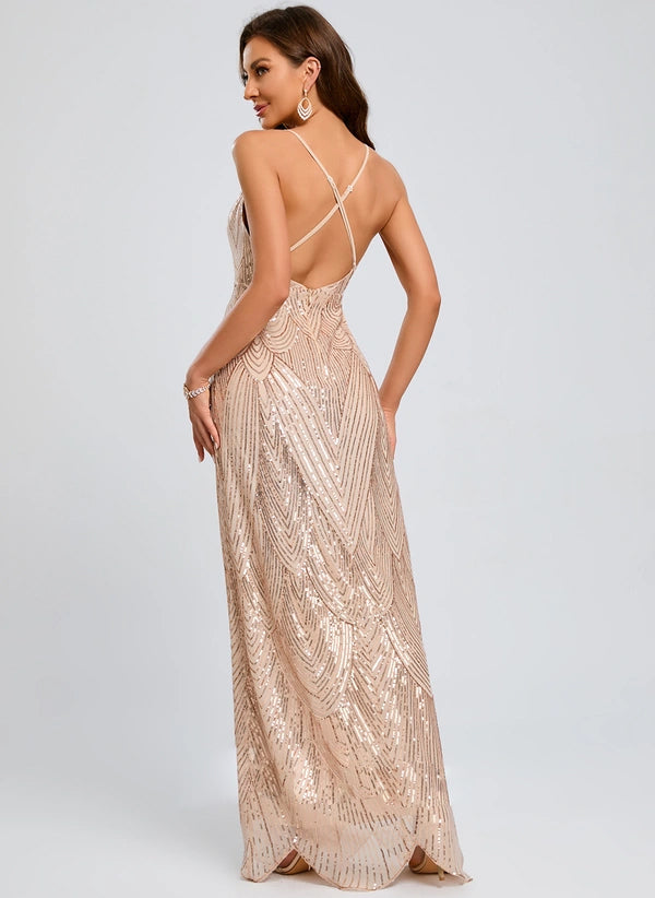 Sheath/Column V-Neck Floor-Length Sequin Prom Dresses