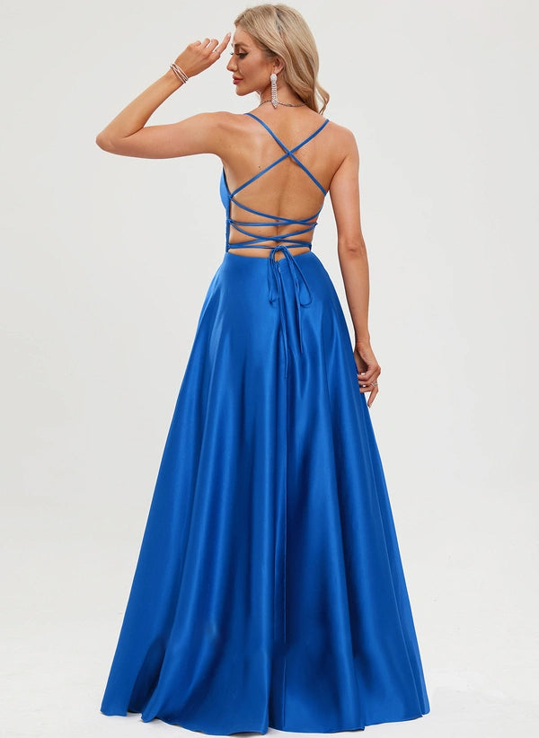 A-line V-Neck Floor-Length Satin Prom Dresses With Pleated