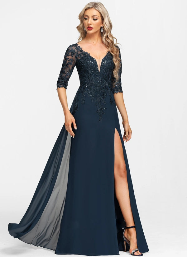 Sheath/Column V-Neck Floor-Length Chiffon Lace Mother of the Bride Dress With Sequins