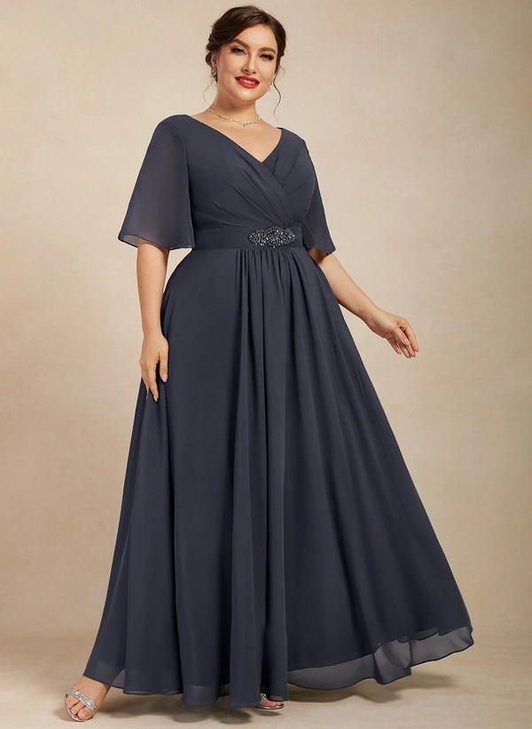 A-line V-Neck Ankle-Length Chiffon Mother of the Bride Dress With Beading Pleated Sequins