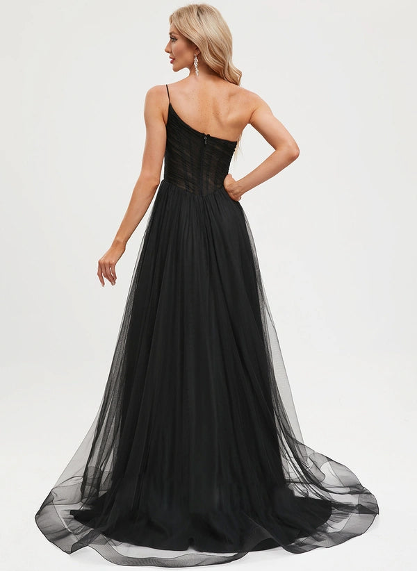 A-line One Shoulder Sweep Train Tulle Prom Dresses With Pleated