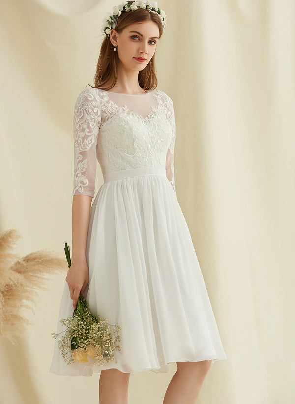 A-line Scoop Knee-Length Chiffon Lace Wedding Dress With Sequins