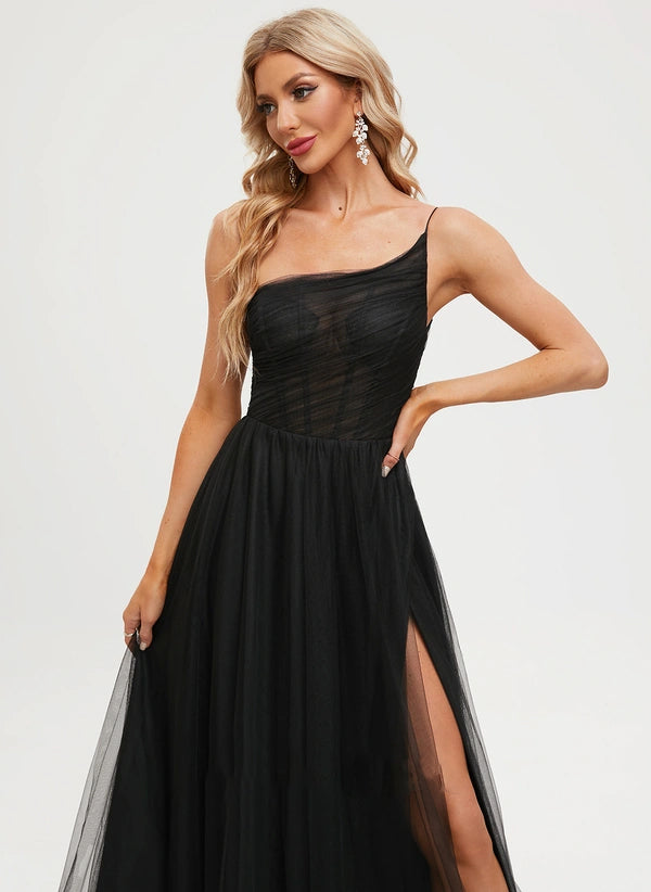 A-line One Shoulder Sweep Train Tulle Prom Dresses With Pleated