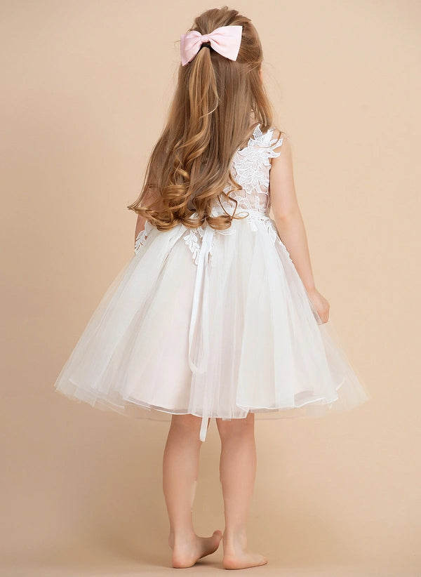 A-line V-Neck Knee-Length Lace/Tulle Flower Girl Dress