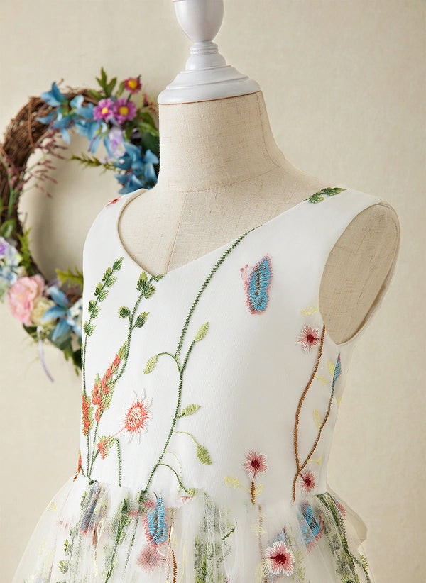A-line V-Neck Floor-Length Jacquard Flower Girl Dress